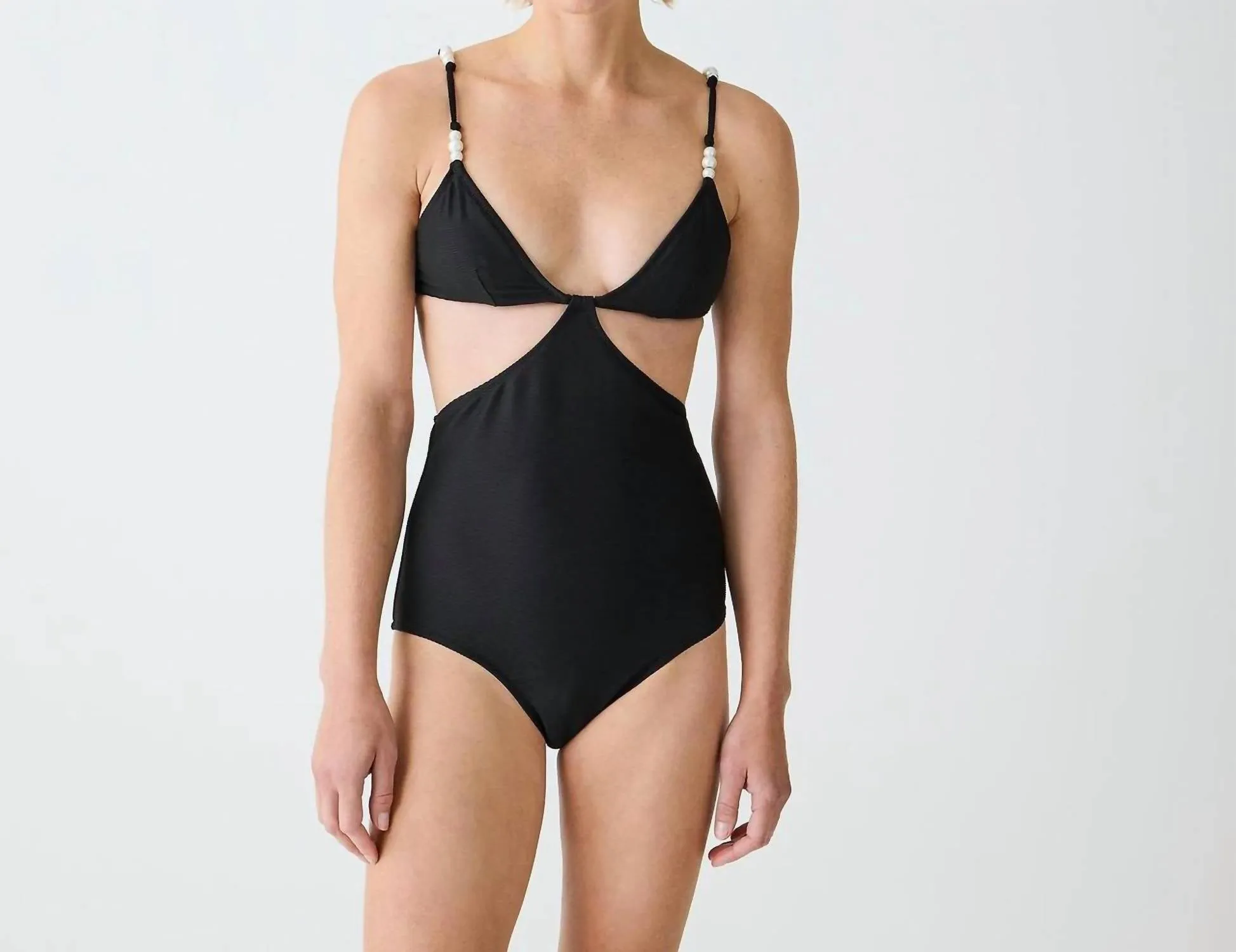 Ribbed Cutout One-Piece Swimsuit With Pearls In Black