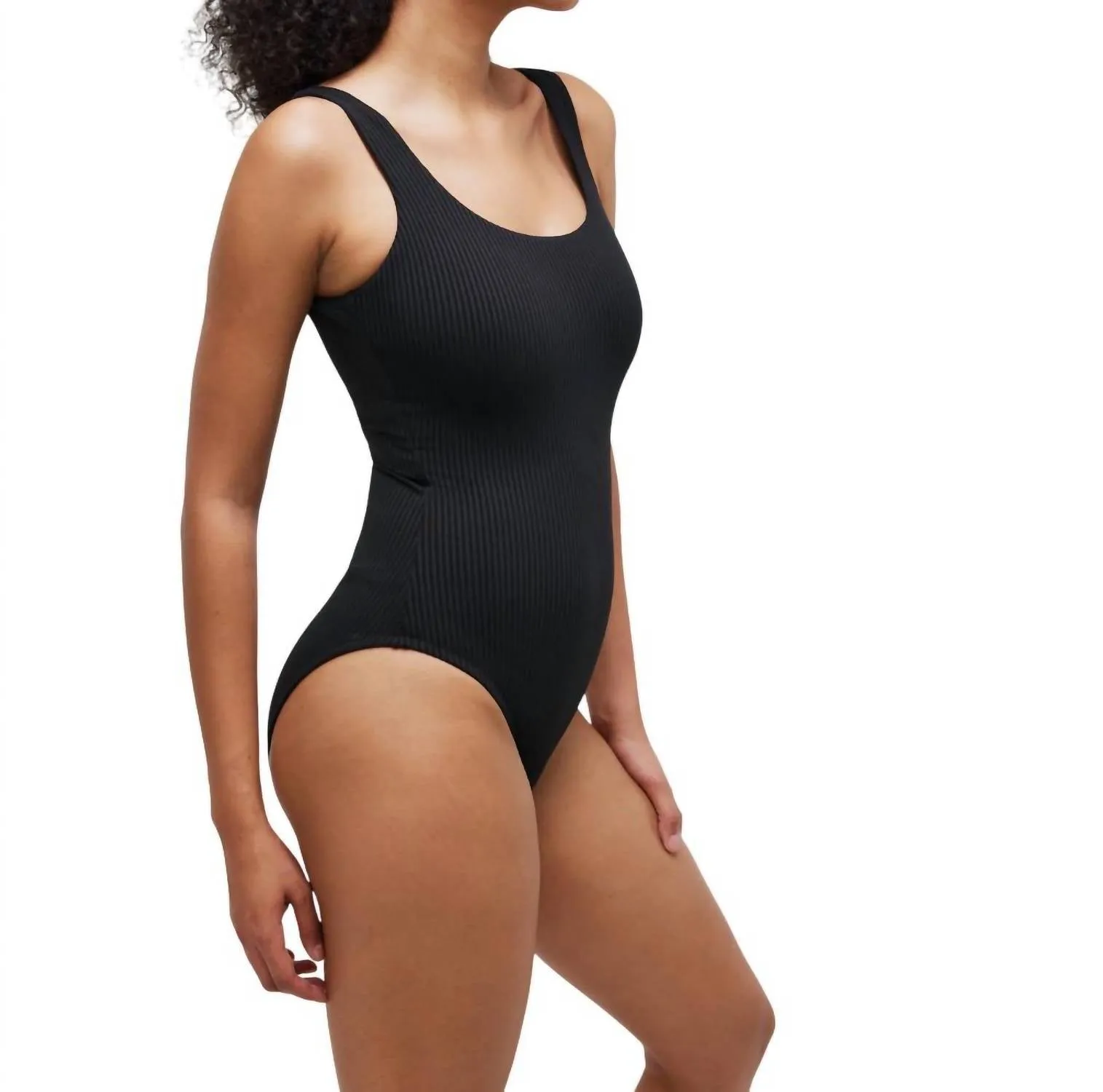 Ribbed Scoop Neck One Piece Swimsuit In Black
