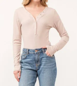 Ribbed V-Neck Bodysuit In Khaki