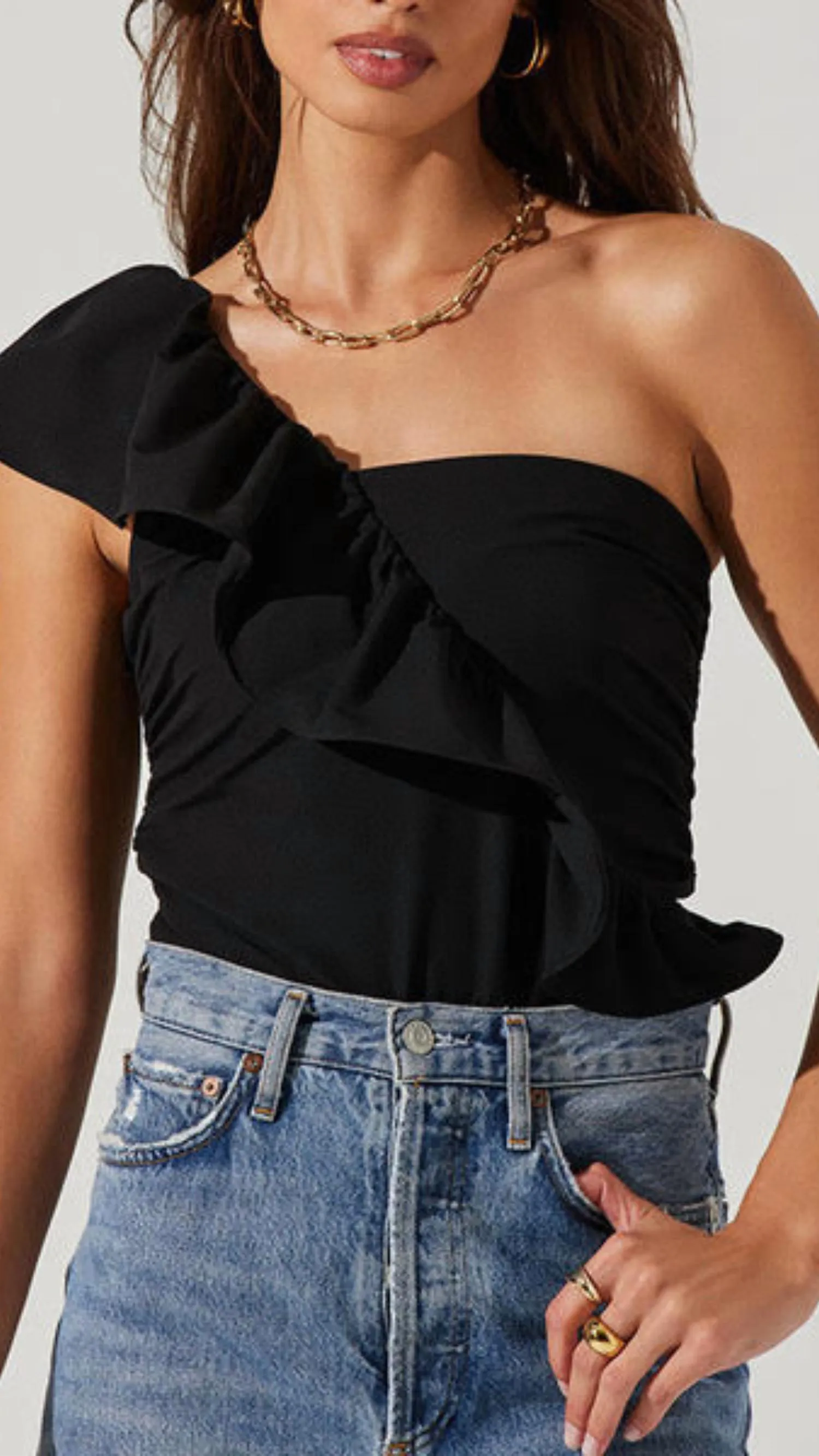 Ruffle One Sleeve Bodysuit In Black