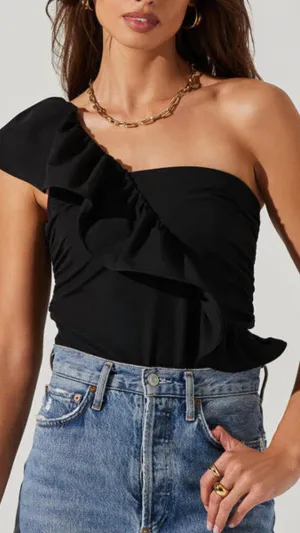 Ruffle One Sleeve Bodysuit In Black