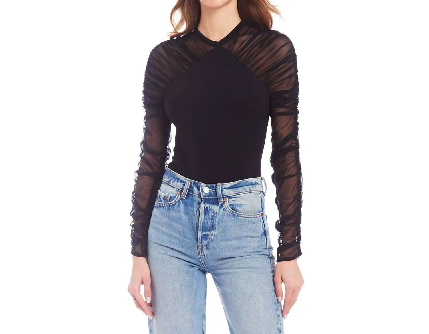 Shandi Sheer Sleeve Bodysuit In Black