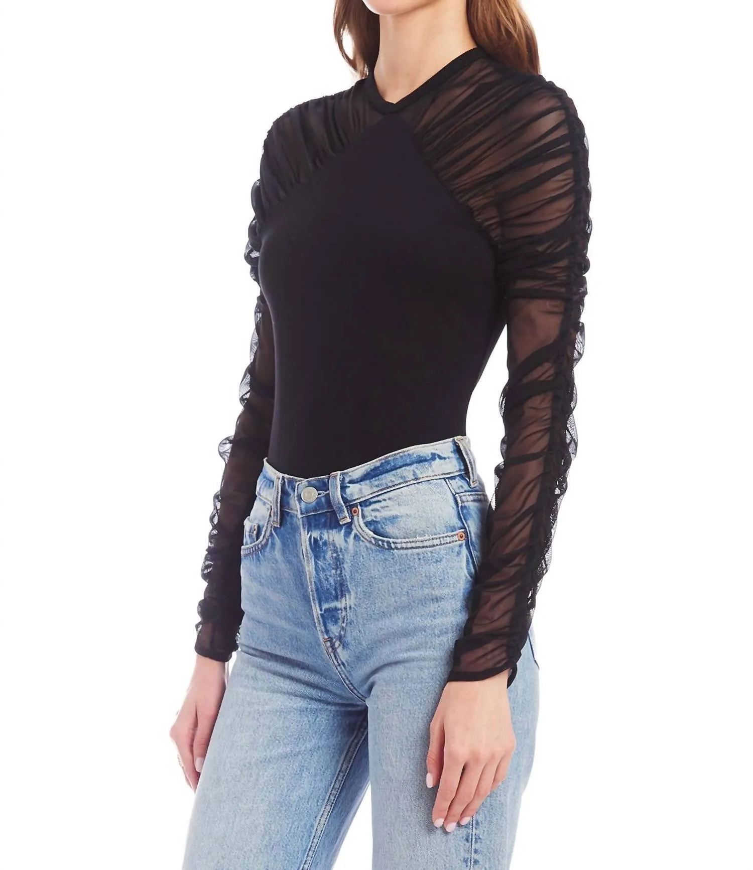 Shandi Sheer Sleeve Bodysuit In Black