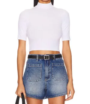 Silk Rib Cropped Half Sleeve Mock Neck In White