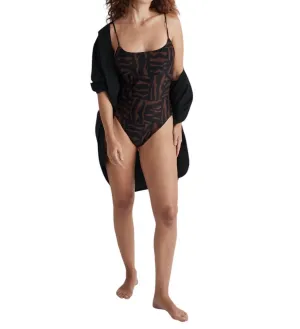 Spaghetti Strap One Piece Swimsuit In Animal Abstract In Brown