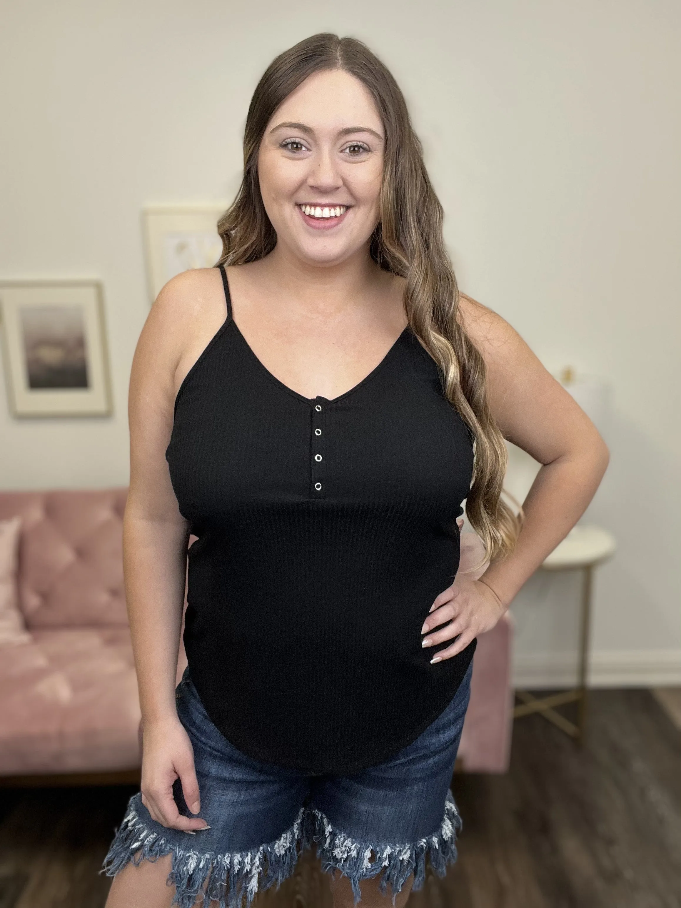 Totally Me Women's Button Up Ribbed Adjustable Strap Tank Top * Final Sale*