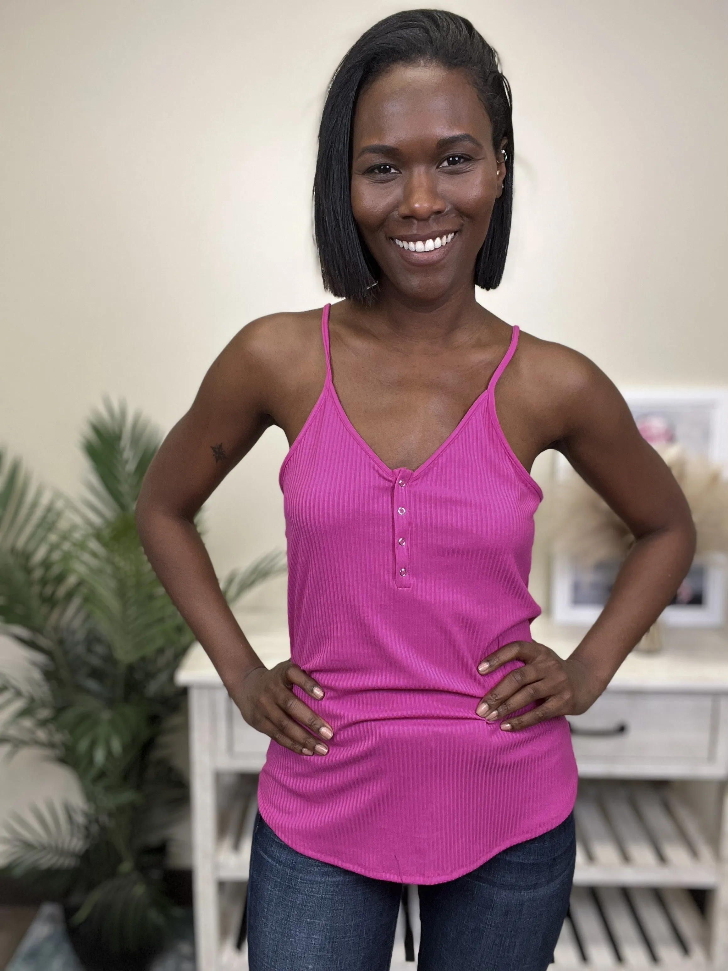Totally Me Women's Button Up Ribbed Adjustable Strap Tank Top * Final Sale*