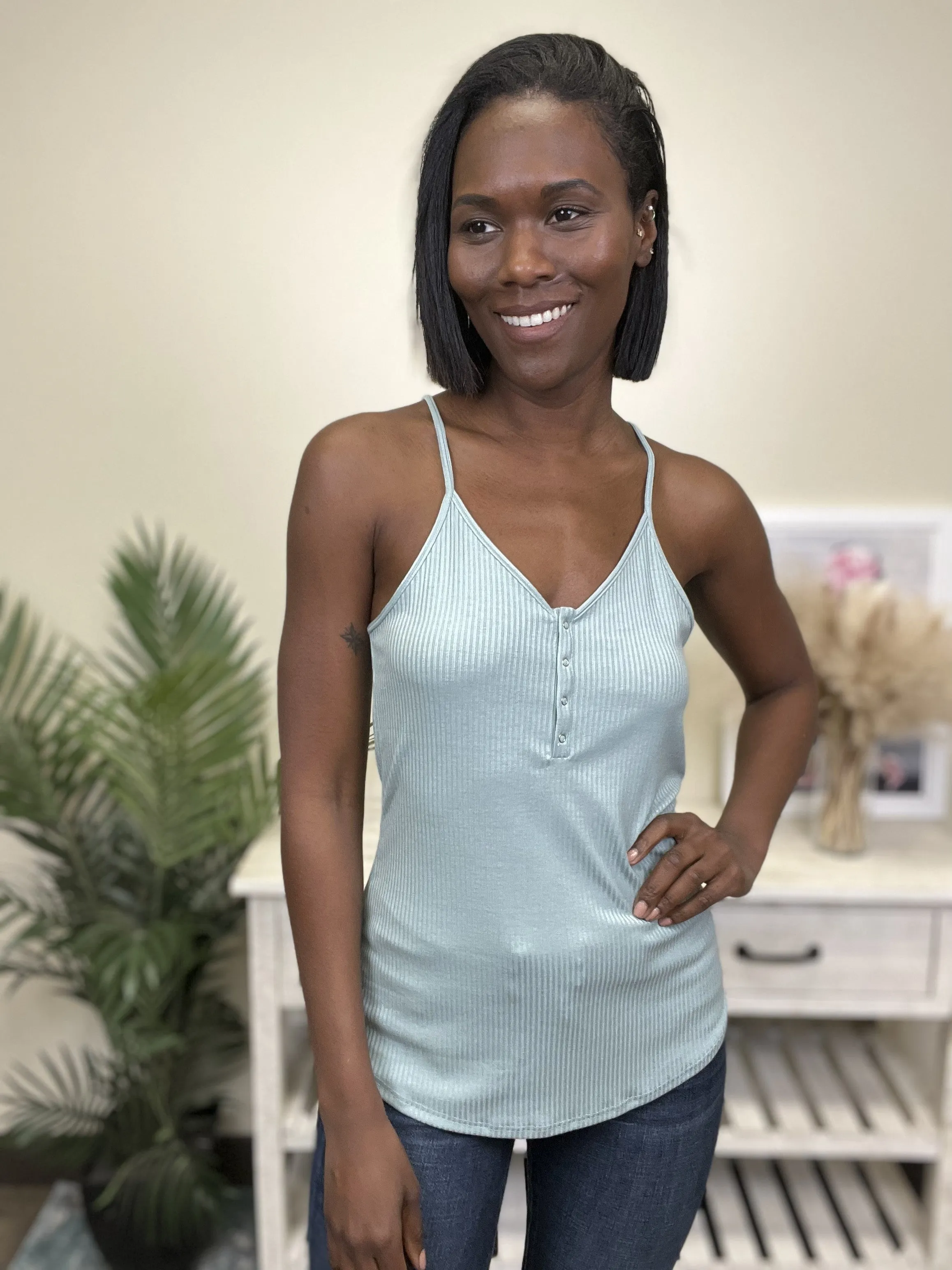 Totally Me Women's Button Up Ribbed Adjustable Strap Tank Top * Final Sale*