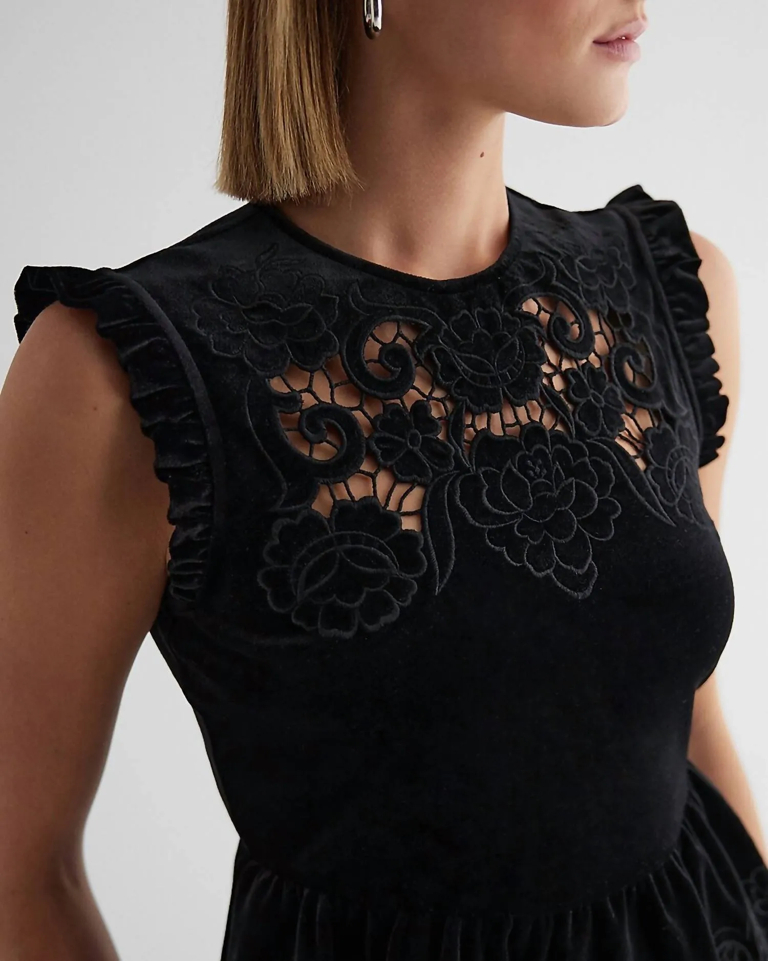 Velvet Peplum Floral Top In Black