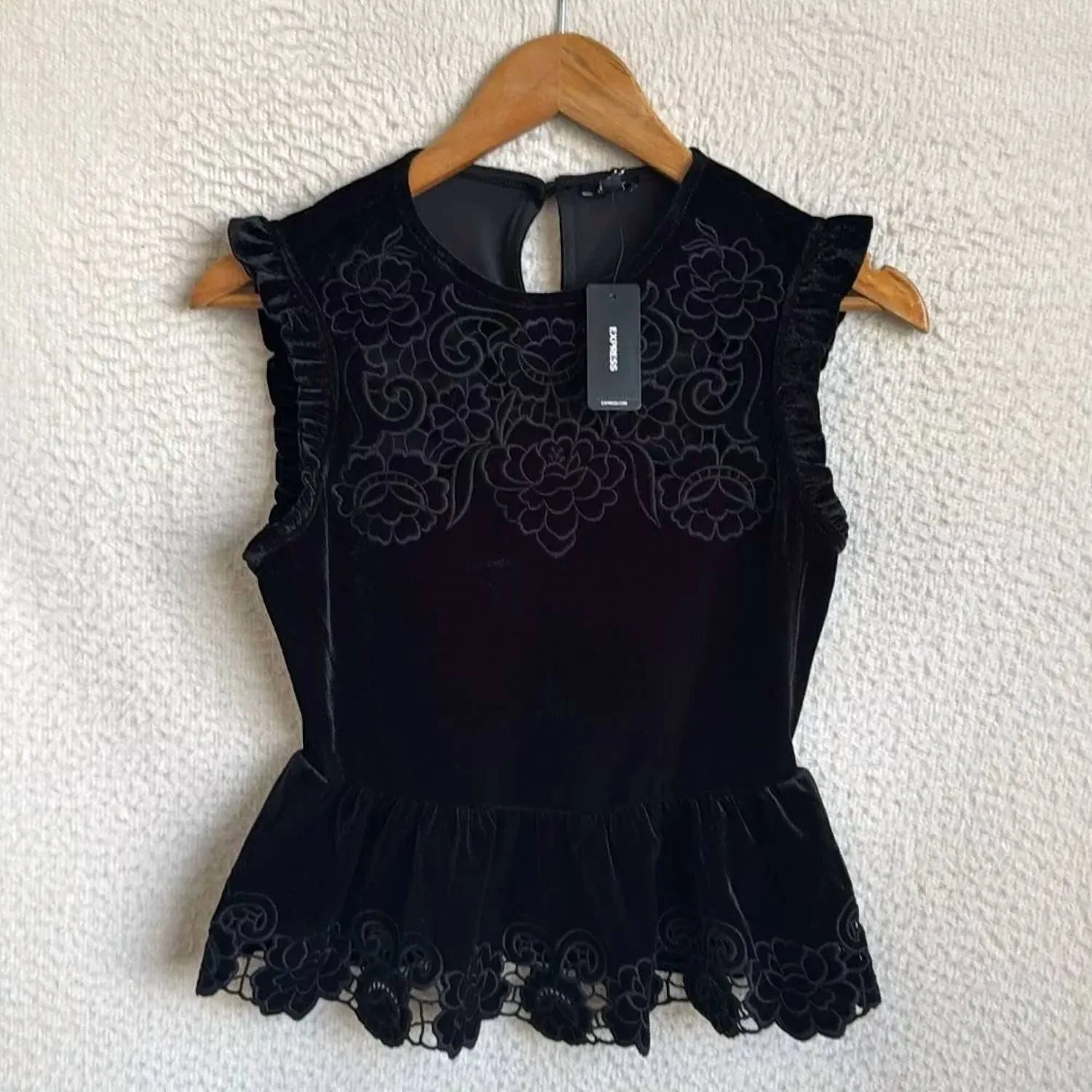 Velvet Peplum Floral Top In Black