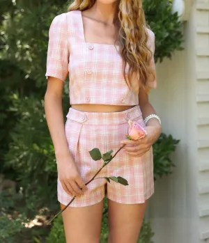 Violet Plaid Double Breasted Crop Top In Cotton Candy