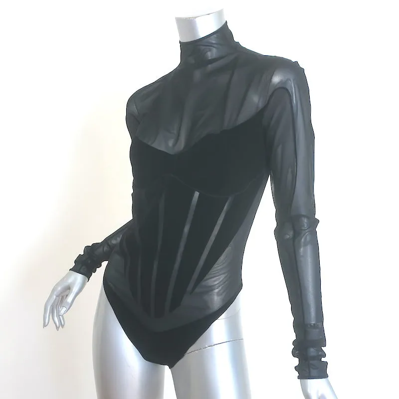 Wolford x Mugler Flock Shaping Bodysuit Black Velvet & Mesh Size Medium NEW