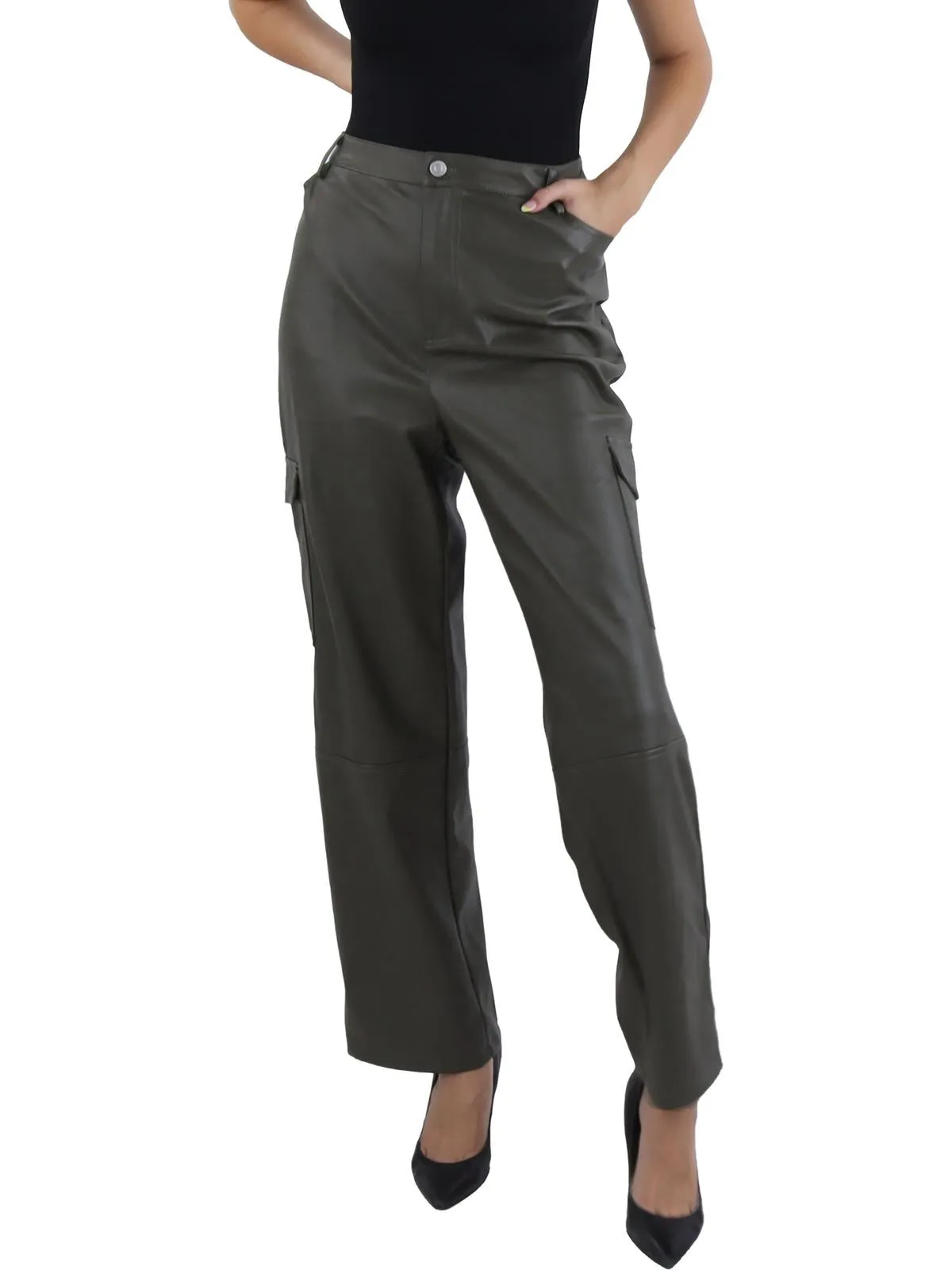 Womens Faux Leather High Rise Cargo Pants