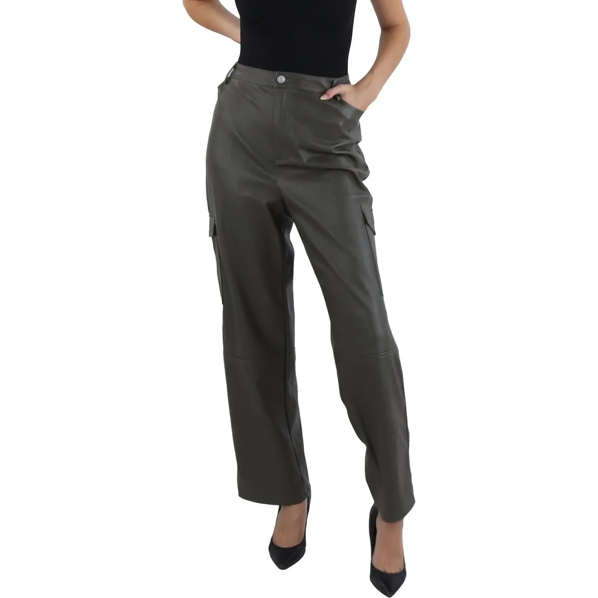 Womens Faux Leather High Rise Cargo Pants