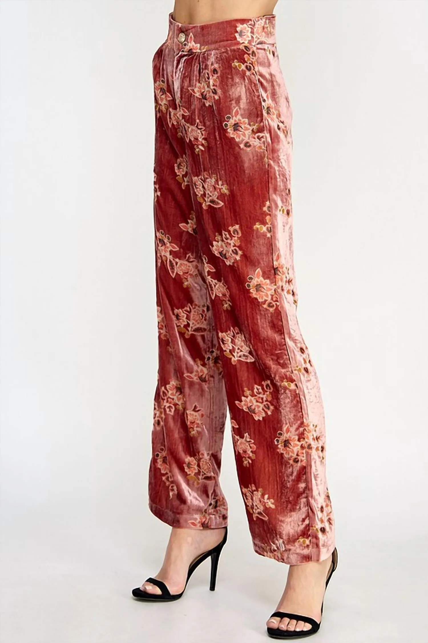 Women's Floral Velvet Trousers In Red